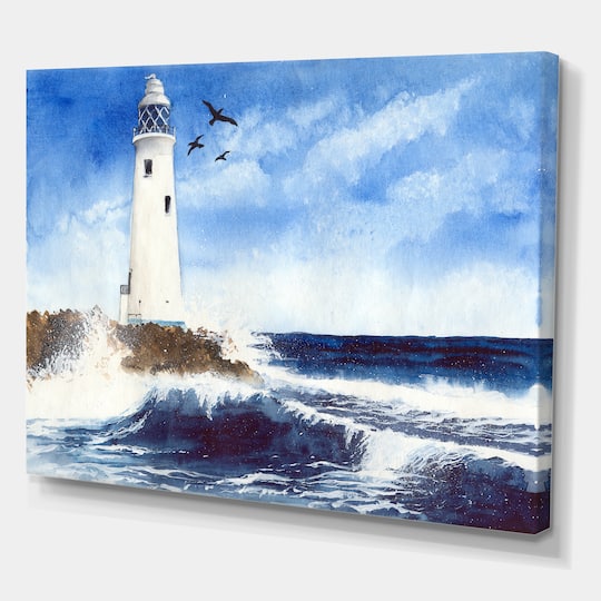 Designart - Lighthouse On The Rocky Island With Seagulls